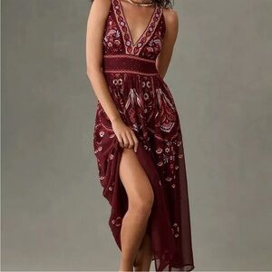 Anthropologie Burgundy V-Neck Deco Midi Dress with Embroidery